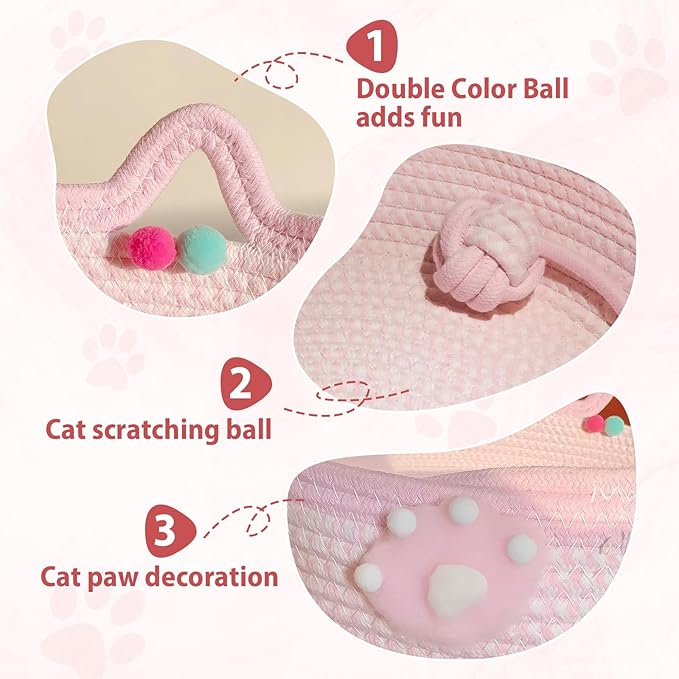 Woven Cat Bed Basket with Ears, Pink Cotton Rope Pet Bed for Indoor Cats, Small Dogs & Rabbits - Cute Basket with Pom Poms & Toy Ball (15.75x5.51 Inch)
