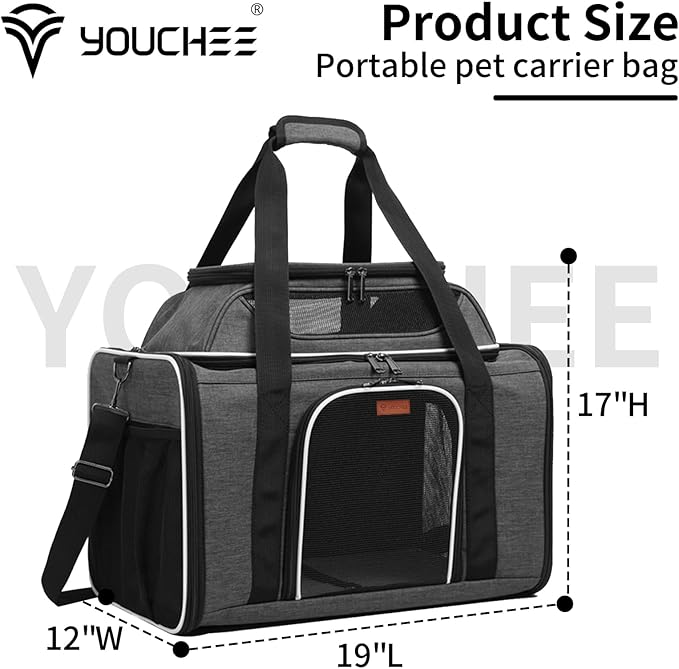 19" Large Pet Carrier for Cats & Small Dogs up to 25 lbs, Airline Approved Soft-Sided Dog Travel Bag, Top Expandable with Breathable Mesh, Washable Liner & Safety Tether. (Grey)