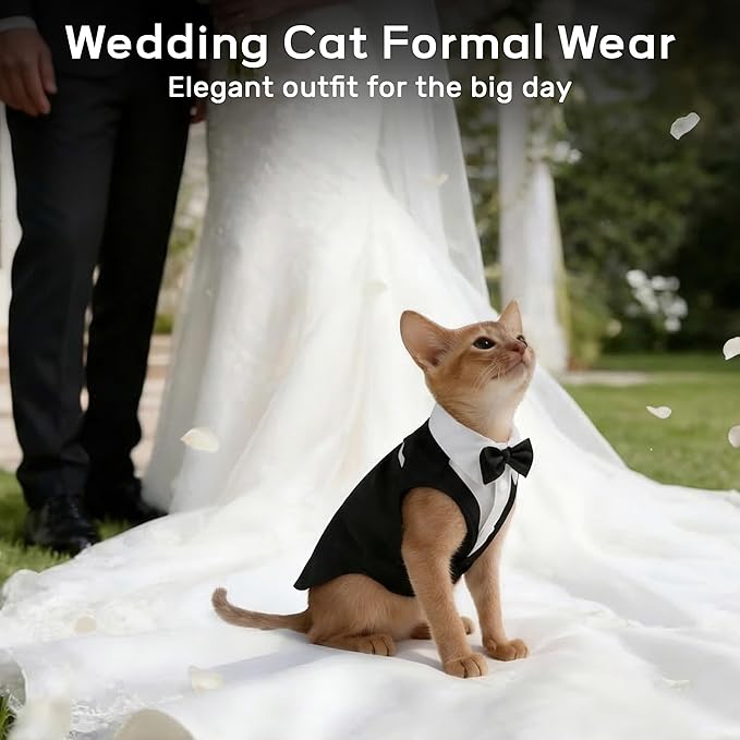 PUMYPOREITY Cat Tuxedo Suit Formal Wear with Bow Tie, Soft Skin-Friendly Cat Costumes for Cats Only, Elegant Outfit for Male Female Cats, Perfect for Wedding Birthday Photo Shoots, XL, Black