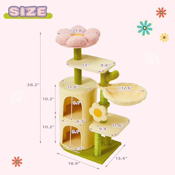 Erinnyees Flower Cat Tree, 38.2 Inches Cat Tower, Multi-Level Indoor Kitty Tree Tower, Kitty House with Cozy Top Flower Platform, Spacious Condos, Soft Hammock, Sisal Scratching Post
