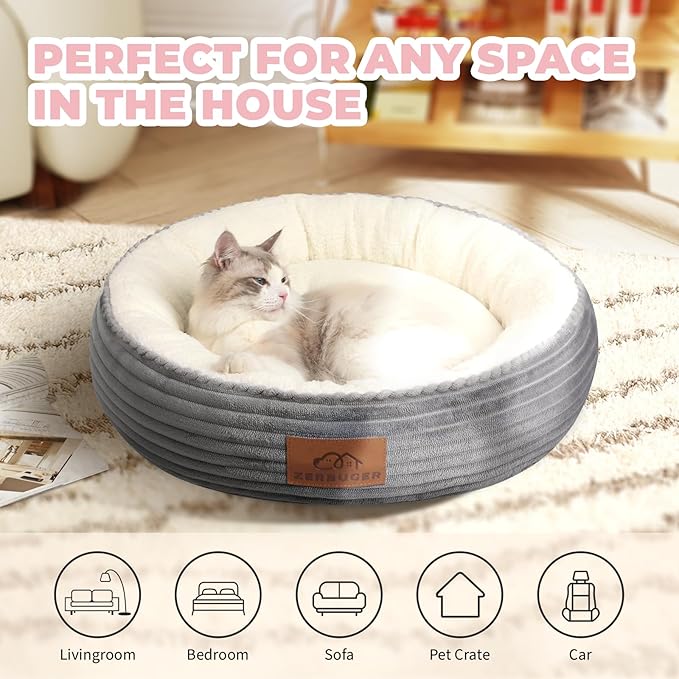 Zerbuger 23in Round Cat Dog Bed for Large Medium Small Dogs Cats, Machine Washable Sleeping Sofa, Non-Slip Bottom Breathable Soft Calming Pet Cuddler for Indoor/Outdoor/Car/Cage, Light Grey