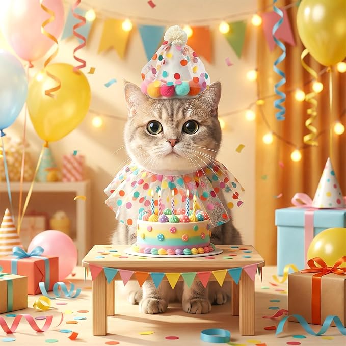 Tyqour Cat Birthday Hat and Bandana Scarf, Cute Cat Party Hat, Cat Birthday Decorations for Cat Happy Birthday and Cat 1st Birthday Outfits
