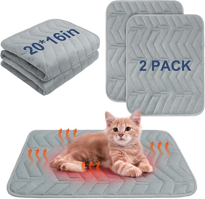 BEAUTYZOO Self Warming Cat Bed Mat, Self Heating Dog Pad for Indoor Outdoor Pet House, Heated Thermal Warmer Cat Blanket for Kitten Puppy Washable Non-Slip Chew Proof, 2 Pack 16 x 20 Inches Light Grey