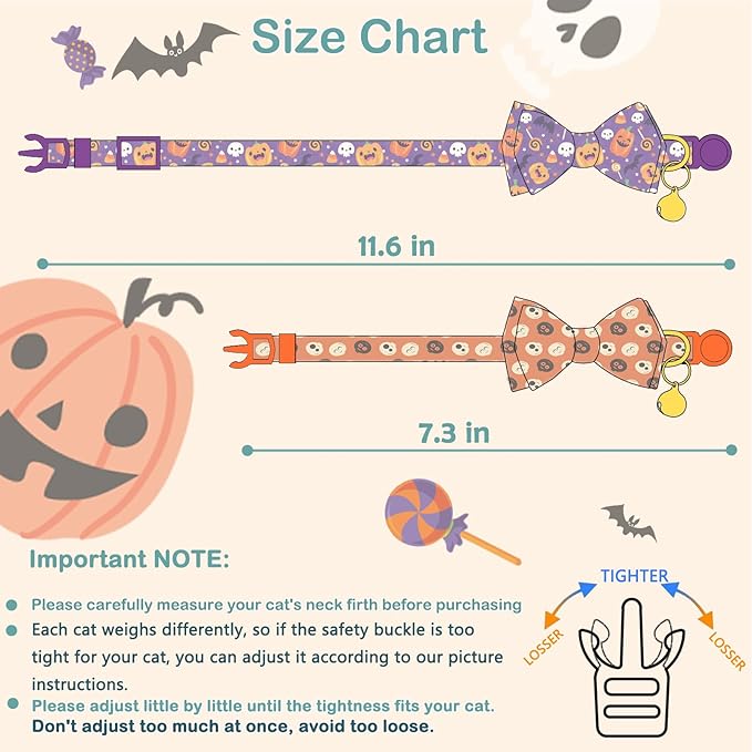 Faygarsle 2 Pack Cute Seasonal Cat Collar for Halloween and Fall Breakaway Collar with Bells Bowtie Cute Patterns for Female and Male Cats Orange Purple Cat Collar