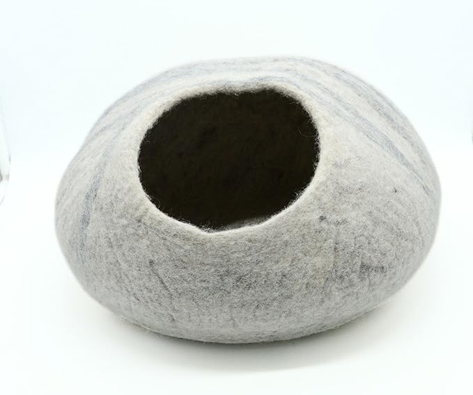 Handmade Wool Cat Bed for Cats Upto 18 pounds- Round Cat House- Premium Quality Cat Caves Free from Harmful Dyes (White, 40 cm)