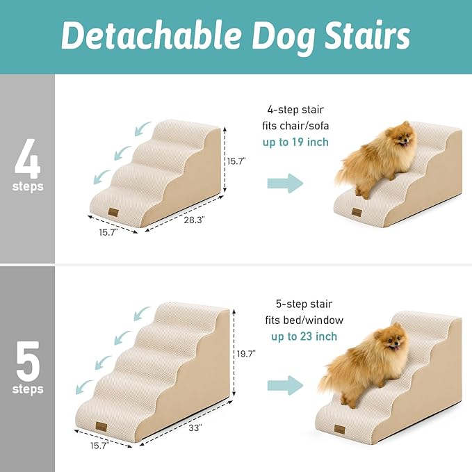 COZY KISS Dog Stairs for Small Dogs 19.7"H, 5-Step Sturdy Foam Dog Steps for Couch, Bed or Sofa, Curved Pet Stairs for Puppy and Older Cat, Doggie Ladder with Washable Cover, 15.7x33x19.7 inch, Beige