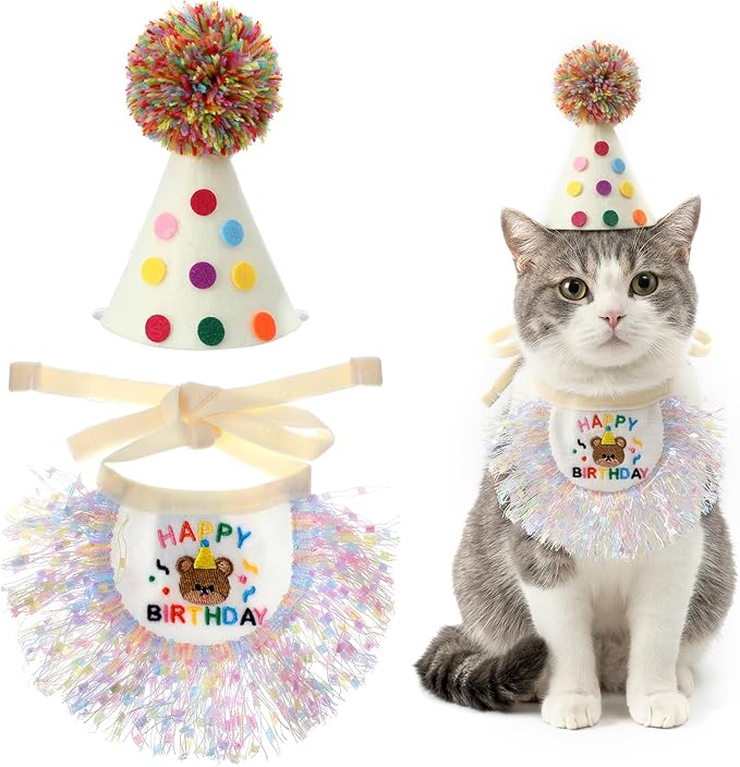 Xinjoduz Cat Birthday Hat and Bandana Scarf, Cat Birthday Outfit Party Hat Dog Costumes Cute Lace Puppy Tassels Bib Scarf Party Decorations Set for Small Medium Cats & Doggy