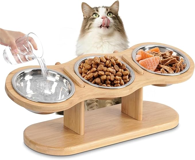 Triple Stainless Steel Pet Bowl with Elevated Wooden Stand, Food Water Feeder for Cats Puppies