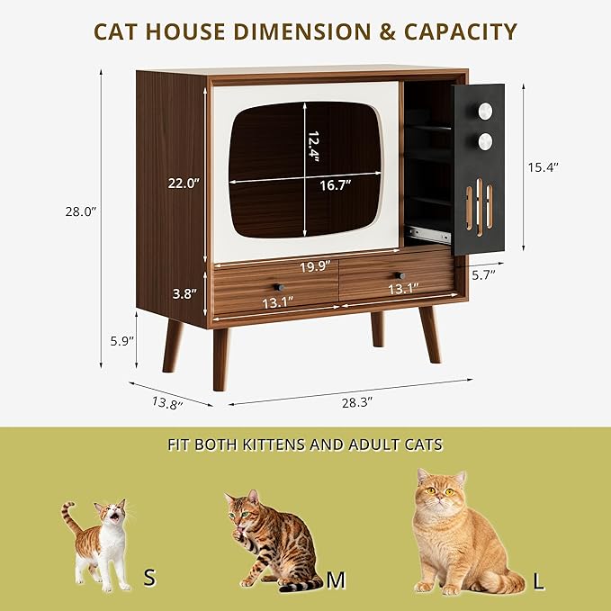 IRONCK TV-Shaped Cat House for Indoor – Vintage Wooden Cat Condo with Drawers, 2-in-1 Side Table & Nightstand for Living Room, Walnut