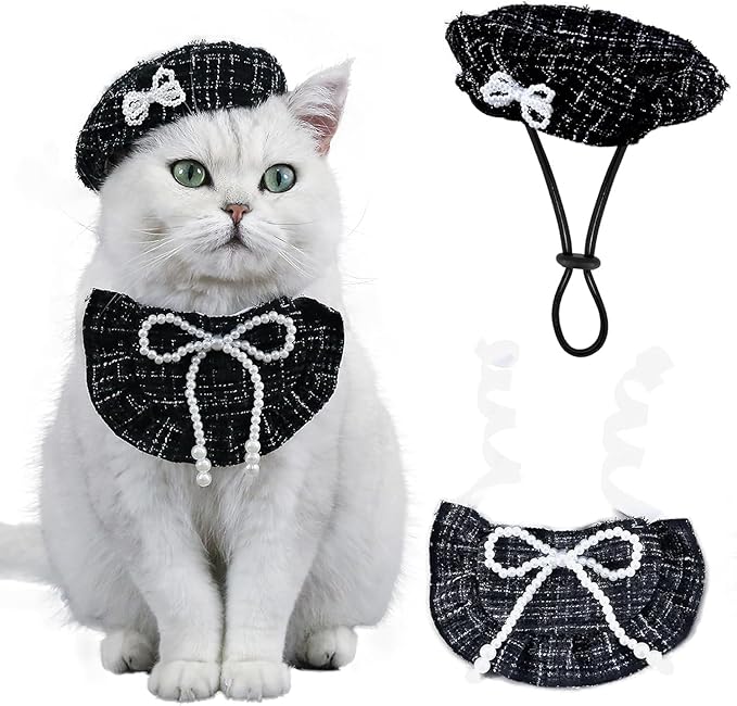 2Pcs Pet Beret Hat with Lace Bow, Adjustable Scarf Set Pet Princess Costume for Halloween Christmas, Cat Dog Birthday Party Apparel (Pink Lace)