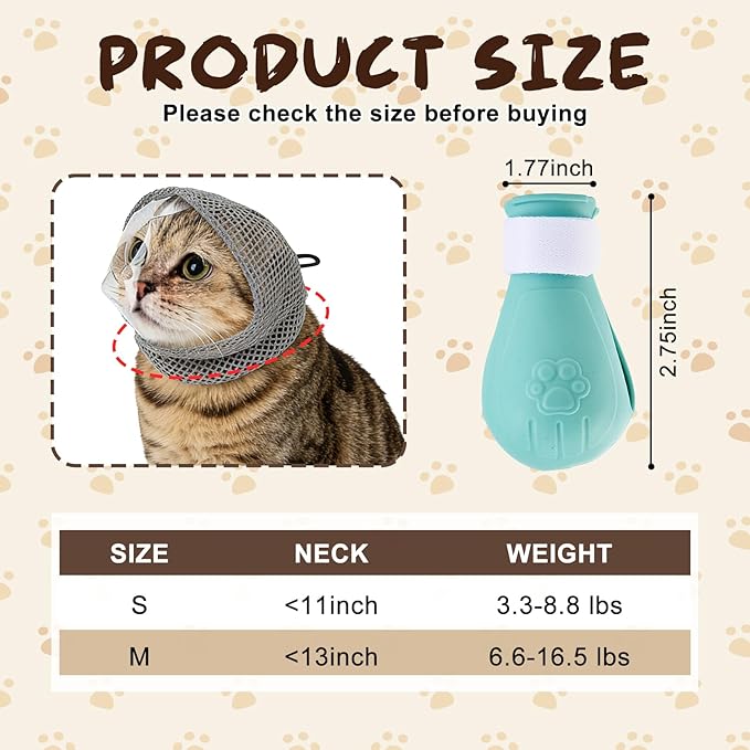 Adjustable Cat Muzzle for Grooming with 4 Paw Cover, Breathable Mesh Cat Head Cover, Anti-Bite Cats Mask, Silicone Paw Protector for Nail Trimming, Bathing (S)