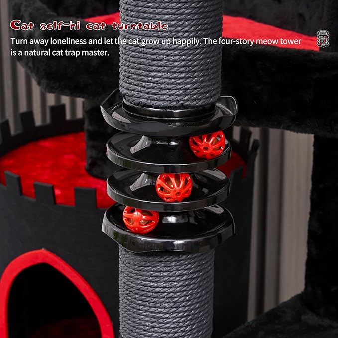 YARUOMY Gothic Castle Cat Tree, 68.9in Black Tall Cat Tower with Coffin Cat Bed, Spacious Cat Condo for Large Cats, Scratching Posts, Spider Hanging Ball,Basket,Cat Ball Track Toy