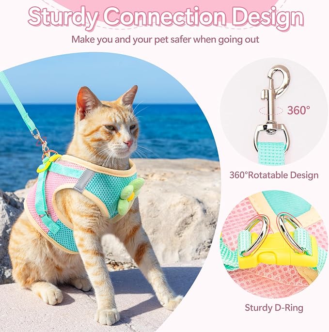 Cat Harness and Leash Set Escape Proof, Adjustable Cat Vest Harnesses Soft Kitten Harness Reflective Strips Jacket with Flower, Breathable Mesh Harnesses for Cats Puppy Easy to Wear Outdoor Walking
