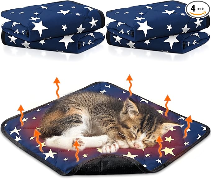 Namalu 4 Pack Self Warming Cat Bed Self Heating Cat Mat Star Pattern Soft Dog Crate Pad Thermal Pet Mat Anti Slip Kennel Dog Washable Warming Bed for Outdoor Indoor (12 x 12 Inch,Blue)