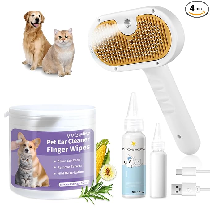 Pet Steam Brush for Dog & Cat – 3-in-1 Spray Hair Removal Comb for Shedding & Grooming, Softens Fur & Reduces Static – Water Brush for Long & Short Coats, Bath-Hating Pets, Includes Waterless Shampoo