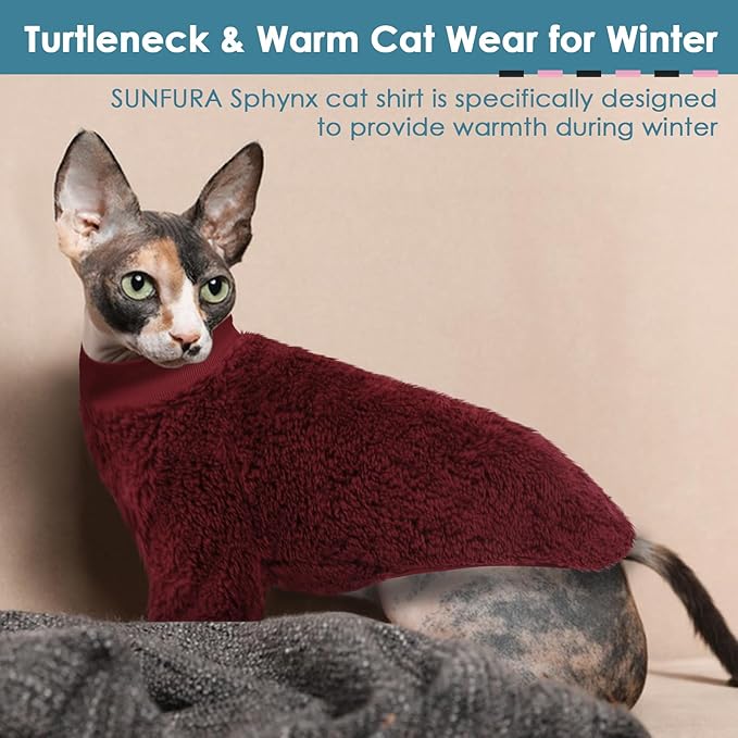 Sphynx Cat Sweater, Hairless Cats Turtleneck Pullover Kitten Sweaters for Cats Only, Warm and Soft Cat Pajamas Shirt with Sleeves Pet Winter Clothes Fleece Jumpsuit for Puppy, Burgundy L