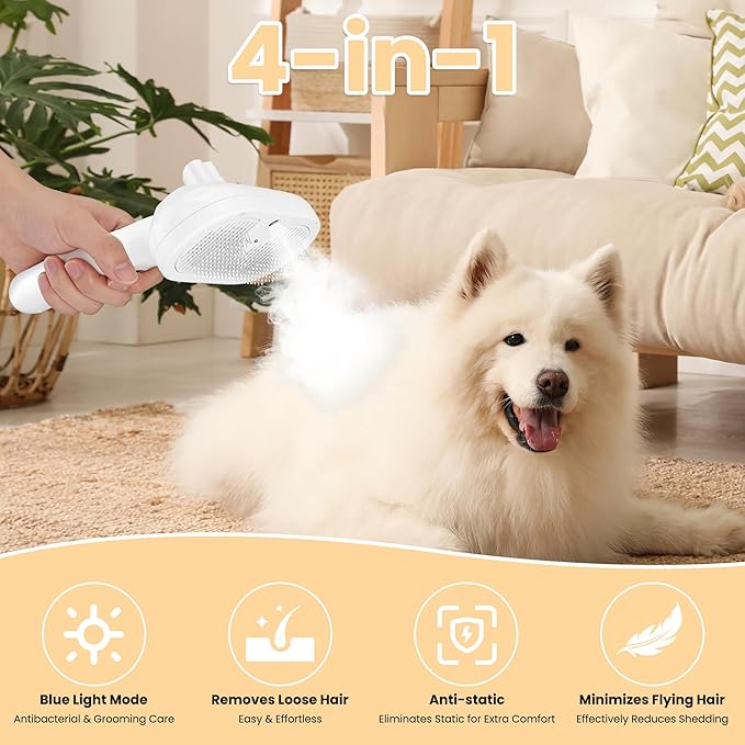 Pet Steam Brush for Dog & Cat, 4-in-1 Upgrade Steam Grooming Brush for Shedding and Hair Removal, Self Cleaning Spray Comb with Gentle Cool Mist for Long Haired Pets, Includes Waterless Shampoo