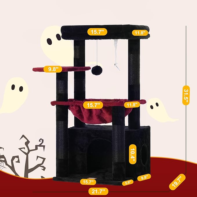 Heybly Cat Tree, Kitten Tower with Large Soft Cat Basket,Cat Condo with Spacious Cat Bed Cave with Hidden Space，Sisal-Covered Scratching Posts,Dangling Ball for Indoor Cats, Black and Red HCT008SBR