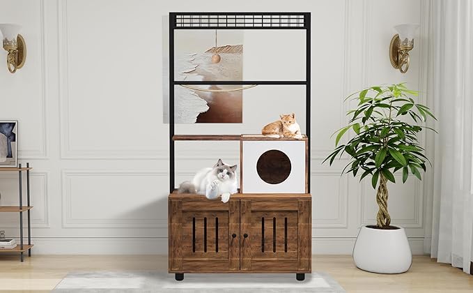 GarveeHome Cat Tree with Litter Box Enclosure, Large Wood Cats Cabinet with Storage Shelf, Condo, Hammock and Play Ball, All-in-one Corner Dog Proof Cat Bed Furniture