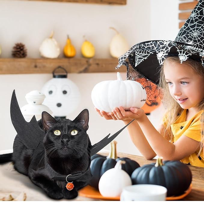 OLANRUN Cat Halloween Costume, Cat Costumes, Small Dog Halloween Costumes - Bat Wing with Pumpkin Bell for Pet Halloween Cosplay Party Dress Up Accessories (Medium)