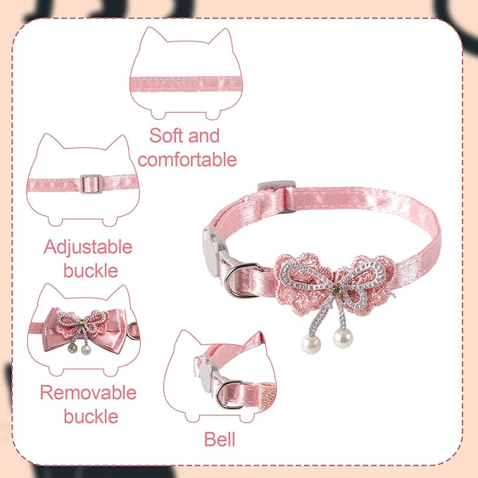 2pcs Adorable Cat Collar with Bow, Adjustable Breakaway Pink Collar for Girl Cat with Pearl Pendant Detachable Kitten Bowtie Accessories (2 Styles)