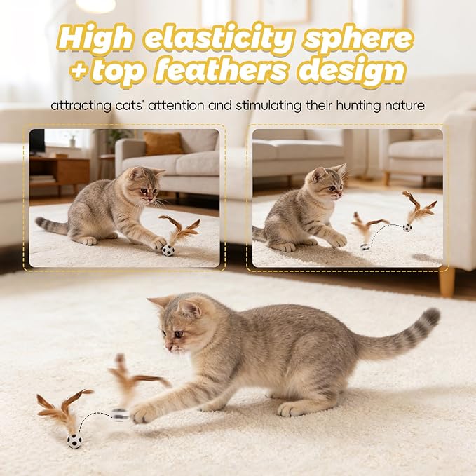 Cat Wand Toys for Indoor Cats to Relieve Boredom - 4-in-1 Interactive Teaser Wand with Realistic Bird Chirping Sound, Bouncy Ball & Feathers for Adult Cats and Kittens