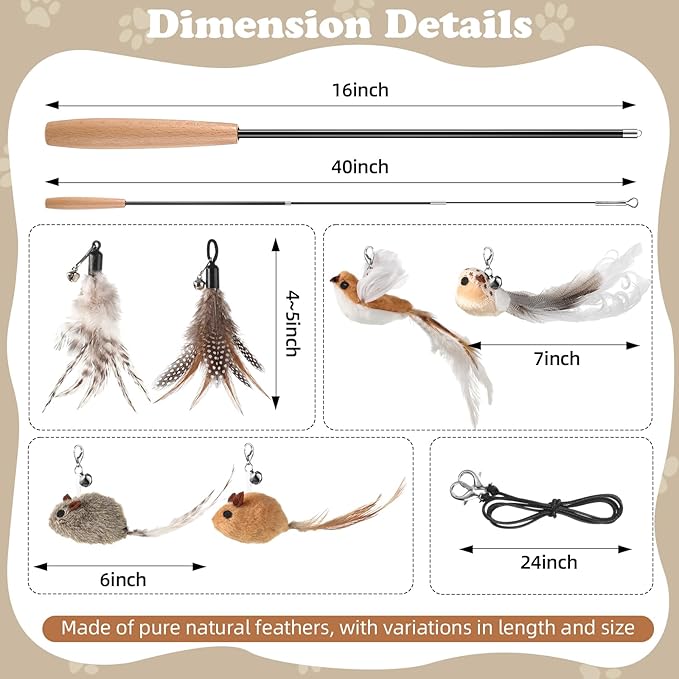 Leitee 18 Pcs Cat Teaser Wand Toy, Interactive Cat Feather Toys for Kittens, 15 Pcs Natural Feather Bird Mouse Toys Refill, 2 Wires and 1 Kittens Fishing Pole Toy Wooden Handles for Indoor