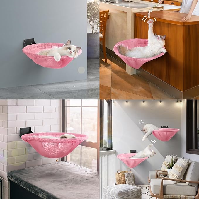 JUNSPOW Cat Hammock Wall Mounted, Foldable & Stable Cat Beds- Breathable Cat Wall Shelves for Sleeping, Playing, Climbing, and Lounging - Maximum Hold Up to 30lb (Pink)