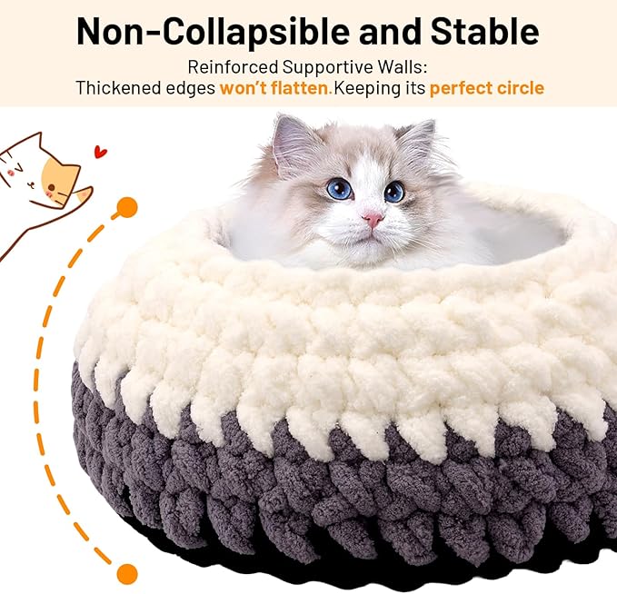 Handwoven Soft Cat Cave Bed, Indoor Cat Beds with Washable Round Nest, Kitten House & Cat Furniture, White & Gray