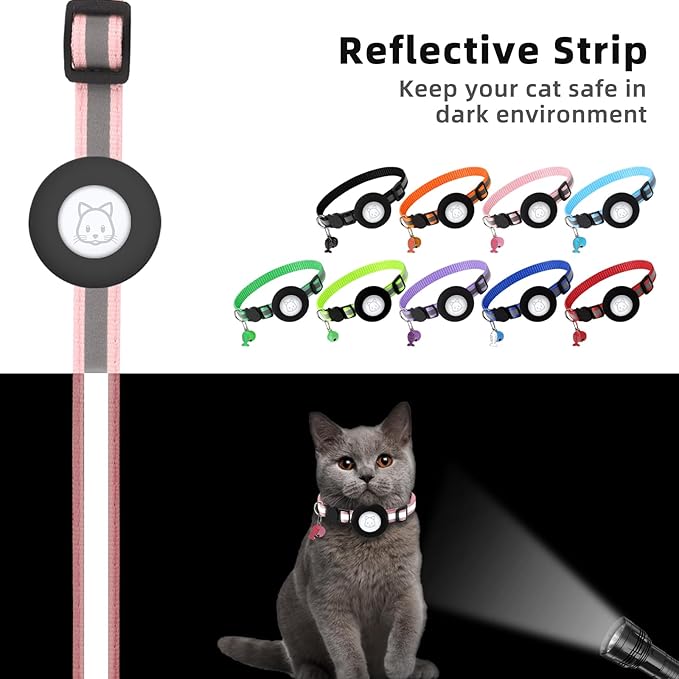 Airtag Cat Collar, Air tag Cat Collar with Bell and Safety Buckle in 3/8" Width, Reflective Collar with Waterproof Airtag Holder Compatible with Apple Airtag for Cat Dog Kitten Puppy (Black+Pink)
