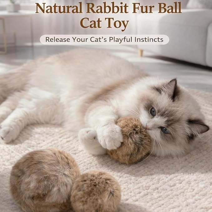 Rabbit Fur Ball Cat Toy,Soft Fluffy Cat Toy Ball, Furry Catnip Toy Ball,for Indoor Cats – Furry,Fun to Chase for Hunting Instinct Play & Interactive Bonding(3pcs)