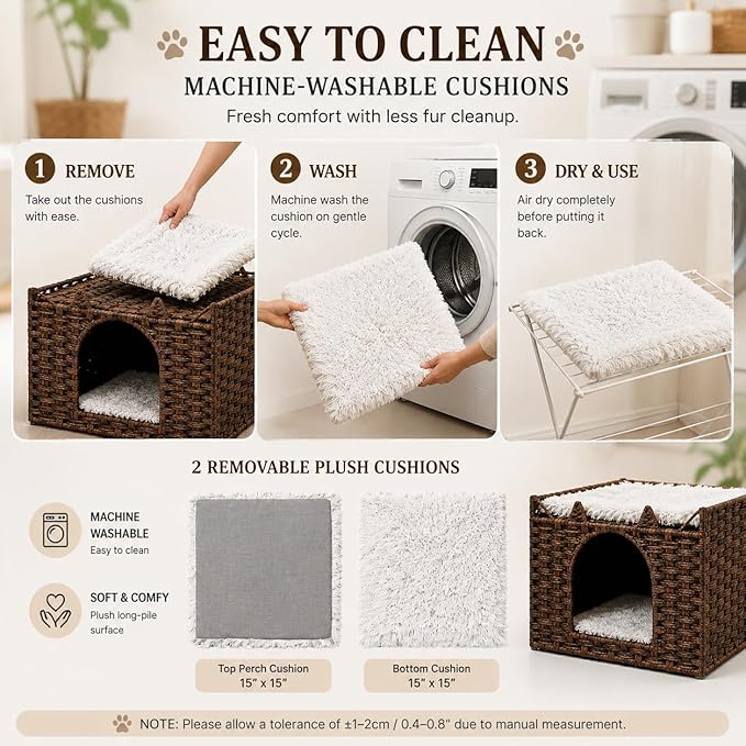 Cat Bed with Ears - Handwoven Rattan Cat Cave House for Indoor Kittens, Foldable Hideaway with 2 Removable Cushions, 16.5x16.5x13.2 Inch Natural Pet Cube for Living Room/Bedroom Brown