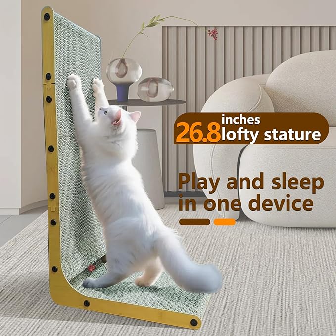 Cat Scratcher, 26.8 Inch L Shape Cat Scratch Pad Wall Mounted, Cat Scratching Cardboard with Ball Toy for Indoor Cats, Extra Large