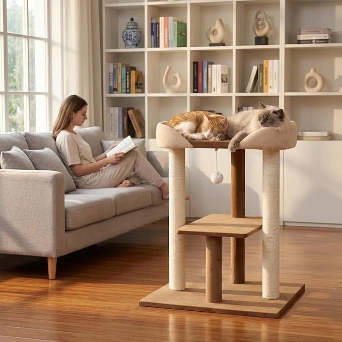 SHENGOCASE Modern Wooden Cat Tree Tower with Extra Large Platform, Perch Sofa Couch Bed for Maine Coon, Window View Design for Multiple Cats