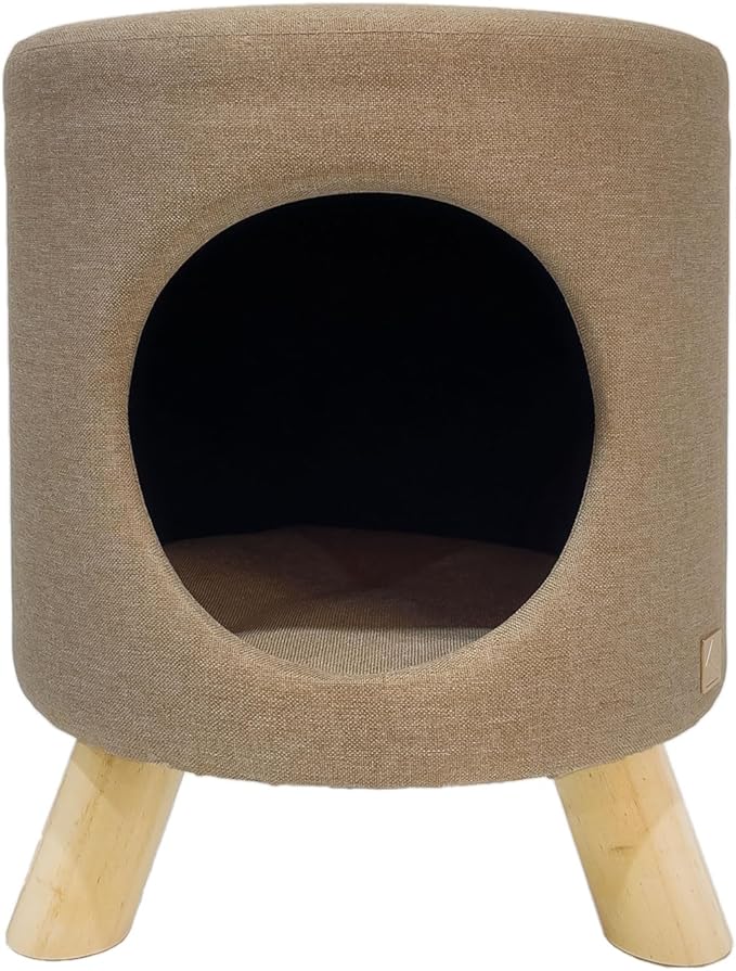 4 Cats & Dogs Wallie Stool – Plush Pet Stool & Bed with Wooden Legs, Cozy Cat Condo Furniture & Pet Nook Hideaway, Multipurpose Stool with Cozy Pads for Cats & Small Dogs, Tan