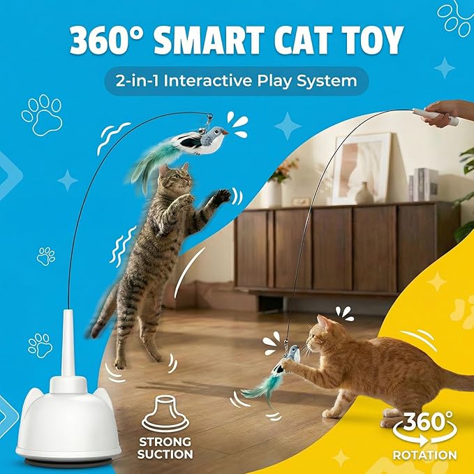 2 in 1 Electric Cat Wand Toy Interactive Cat Toys for Indoor Cats 360° Flying Bird Cat Toy, 2-Speed Fly Cat Chase Toy Automatic Cats Toys with Self ON/Off Suction Cup Electric Cat Teaser Wand