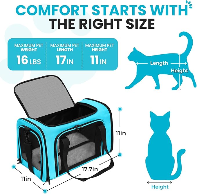 Soft-Sided Cat Carrier Expandable Pet Carrier Airline Approved Mesh Travel Carrier Up to 15lbs for Cats Small Dogs Collapsible Escape-Proof with Shoulder Strap (18x11x11 Blue)