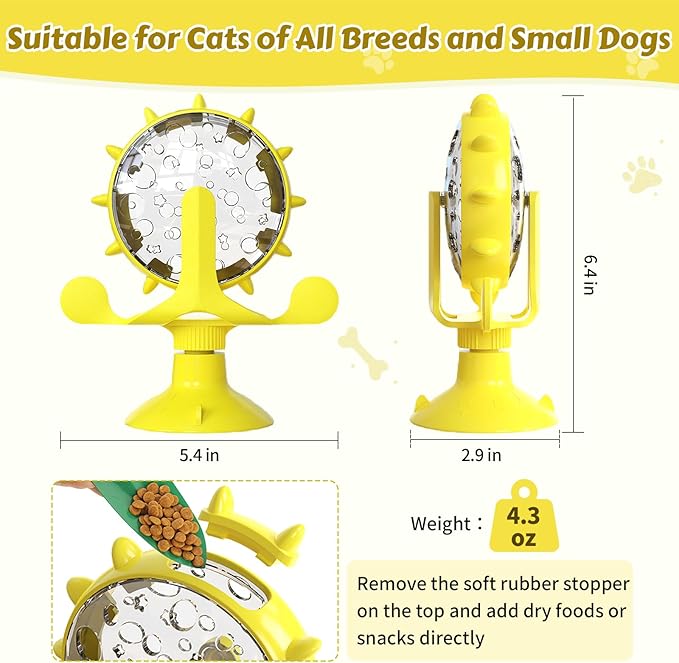 Cat Food Treat Dispenser Toy Interactive with 360°Rotating Windmill Suction Cup for Indoor Cats, Kittens & Small Dogs Slow Feeder Snack Exercise & Distribution Wheel Toy