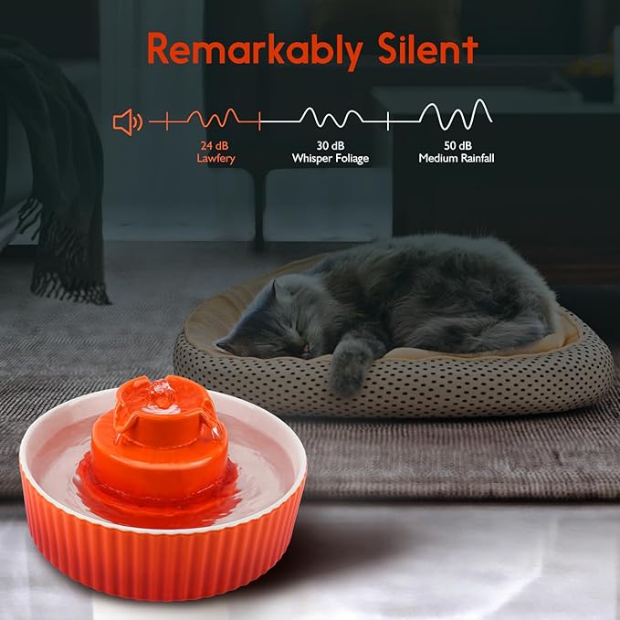 Lawfery Ceramic Cat Water Fountain, 2.1L/71oz Cat Fountain with 3 Carbon Filters and 2 Water Pumps, Cupcake Pet Water Fountain for Cats and Dogs (Orange)