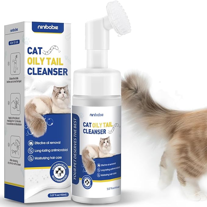 Cat Oily Tail Cleanser, 2-in-1 Wash and Brush,Removes Oil & Grease and Dandruff, PH Balanced,Degrease Cat Shampoo,Ideal for Cats with Oily Tails 5.07fl.oz