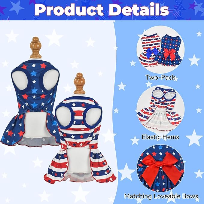 2-Pack 4th of July Dog Dress Independence Day Puppy Cat Dresses USA Flag Pet Clothes Costume Dog Stripes Stars Outfits Skirts for Small Medium Dogs L