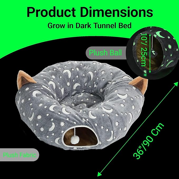 Cat Tunnel Bed Under Christmas Tree with Plush Ball Toy Playground Crinkle Collapsible Self-Luminous Flannel Fabric 3FT for Large Cats Kittens Kitty Small Animals Puppy Grey Moon Star