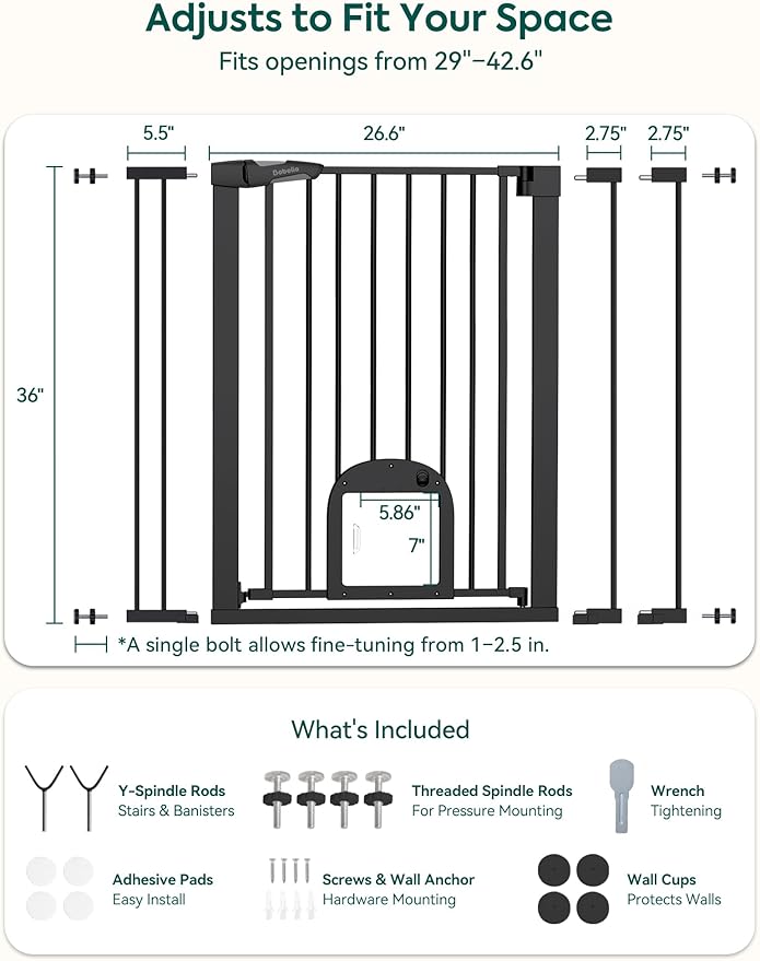 Babelio 36" Tall Upgraded Baby Gate with Cat Door,29-43" Auto Close Durable Dog Gate for Stairs,Doorways and House,Easy Walk Thru,Includes 4 Wall Cups,Black