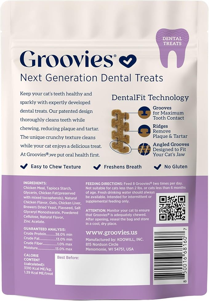 Groovies Cat Daily Dental Treats. Tasty, Crunchy Bites Cats Love. Chicken Flavor. Powered by USA-Patented DentalFit Technology. No Added Gluten, No Artificial Flavors or Colors. 1.76oz (115 Treats)