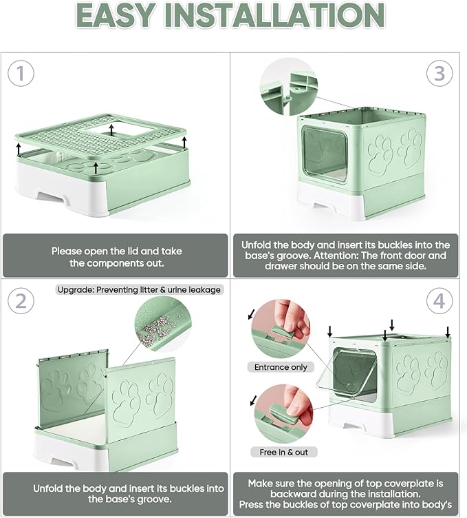 Medario Cat Litter Box with X-Large Litter Mat and Scoop, Large Covered Litter Box with Lid, Enclosed Kitty Box,Front Top Entry Exit, Odor Control Easy to Clean (Upgrade Green)