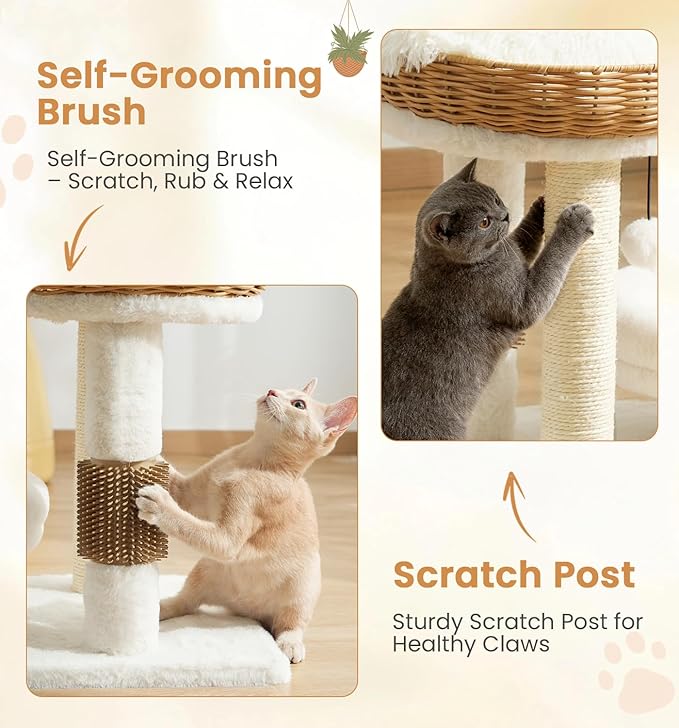 Made4Pets PE Rattan Cat Tree Tower with Scratching Post, 18 inch Small Cat Tree for Kittens, Handwoven Wicker Basket Bed with Soft Cushion, Cozy Cat Bed, Self Groomer and Hanging Plush Ball Toy