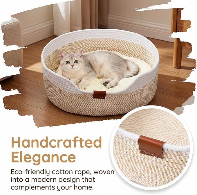 Cat Basket with Cushion, 20 Inch Cotton Rope Pet Sleeping Bed, Versatile Cozy Kitten Nesting Basket Dog Toy Organizer for Medium Large Pet, All Season Universal