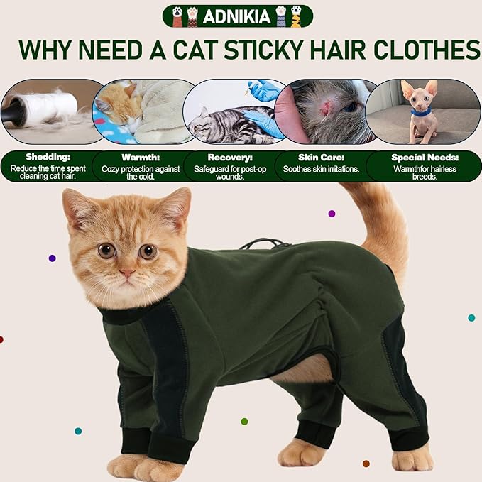 Cat Pajamas for Cats Only, Sticky Hair Cat Clothes, Long Sleeve Sphynx Clothes, Anti-Licking or Skin Disease Recovery Suit for Female Cats, Kitten Onesie Pajamas, ArmyGreen, XL