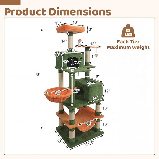 DORTALA Cat Tree for Indoor Cats, 66" Tall Cat Tower with 2 Condos, Sisal Scratching Posts, Plush Perch, Hammock, Dangling Balls, Multi-Level Pet Climbing Furniture Activity Center (Green+Orange)