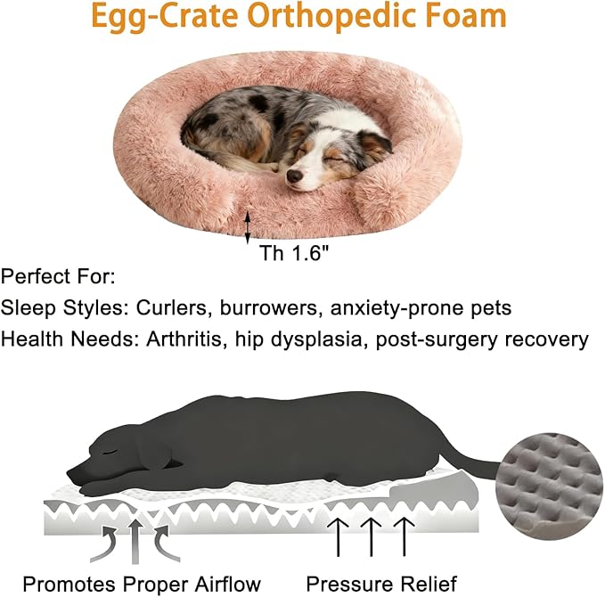 Calming Dog & Cat Beds with Orthopedic Egg-Crate Foam Raised Rim, Soft Long Plush Pet Sofa Couch Bed for Medium Dogs, Anxiety Relief Spine Support, Machine Washable (Round, Blush Pink 28")